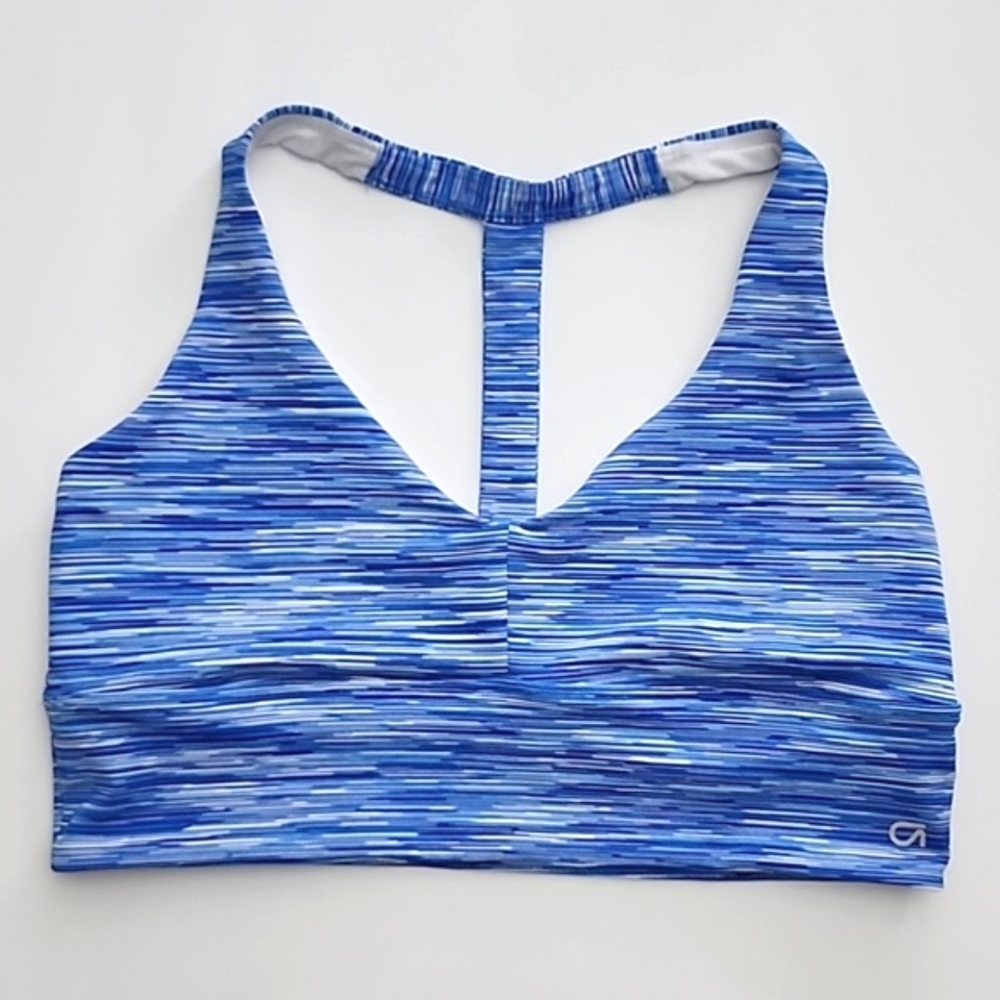 Gapfit Women's Medium Impact T-Back Sports Bra Heathered Blue White Size M